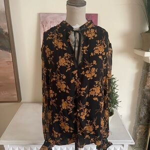 CBR Floral Black and Orange Blouse with Ruffle Details